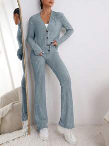 SHEIN LUNE Ribbed Knit Button Front Jacket & Flare Leg Pants - Baby Blue - View 1