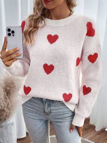 SHEIN LUNE Heart Pattern Drop Shoulder Sweater - White - View 6