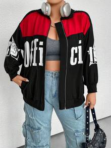 SHEIN Coolane Plus Letter Graphic Colorblock Drop Shoulder Jacket - Multicolor - View 4