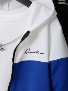 SHEIN Set de 2 piezas Sudadera con capucha holgada de color contrastante informal para niños preadolescentes + Pantalón de chándal informal de color contrastante, de felpa y grueso - azul real - Ver 3