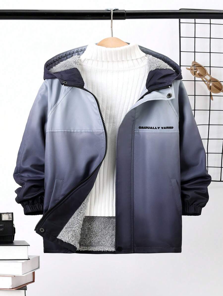 SHEIN Tween Boy 1pc Ombre Letter Graphic Raglan Sleeve Hooded Coat - Black - View 1