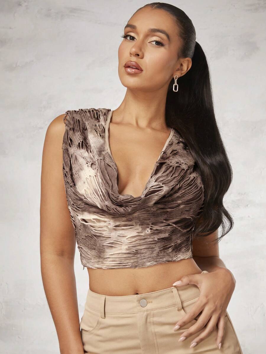 SHEIN BAE 女士們的色染破洞連帽背心 - 卡其色 - 查看 1