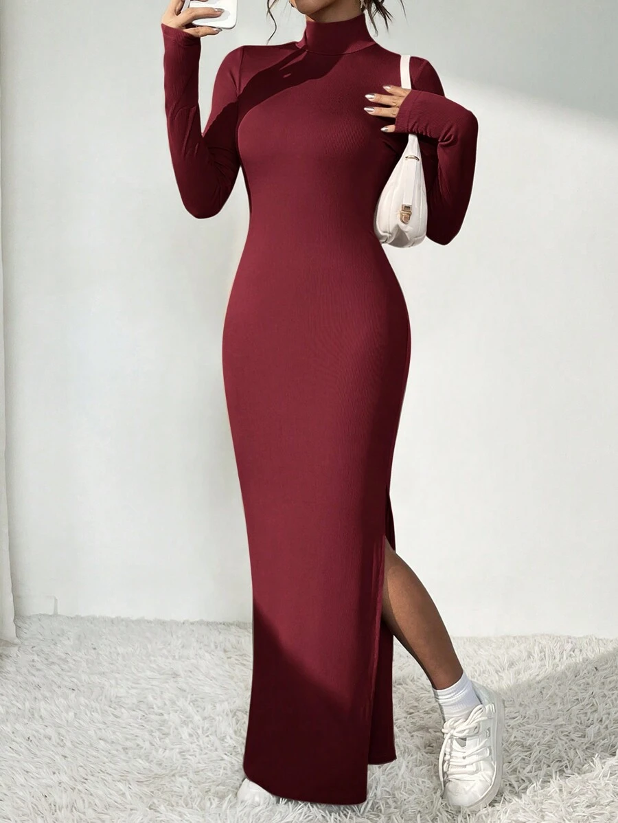 SHEIN Essnce Women's Slit Long Sleeve Dress - Burgundy - View 1