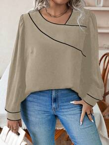 Calvaya Plus Size Contrast Trim Button Up Shirt - Khaki - View 6