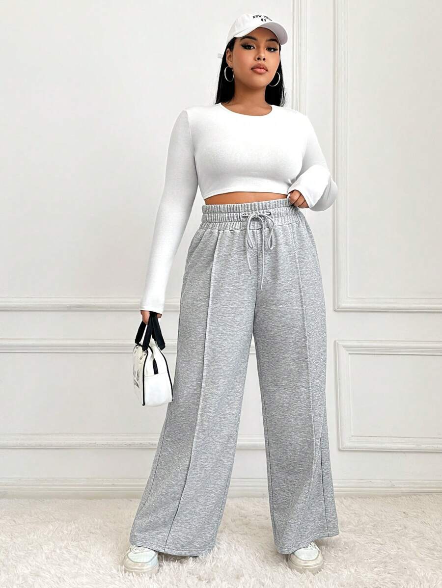 SHEIN EZwear Plus Drawstring Waist Wide Leg Sweatpants - Light Grey - View 1