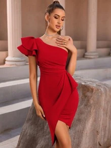 ADYCE One Shoulder Ruffle Trim Pleated Drape Wedding, Cocktail, Party Sheath Dress - Red - View 1