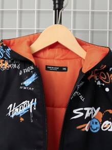 SHEIN EZwear Plus Size Letter Graphic Drop Shoulder Hooded Padded Coat - Multicolor - View 5