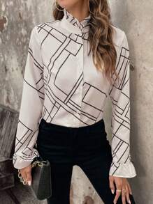 SHEIN LUNE In Địa lý Lá sen tỉa tay áo lá sen Áo sơ mi - Đen và trắng - Xem 5