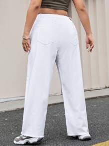 SHEIN Privé Plus Size Solid Color High Waist Fringed Denim Jeans