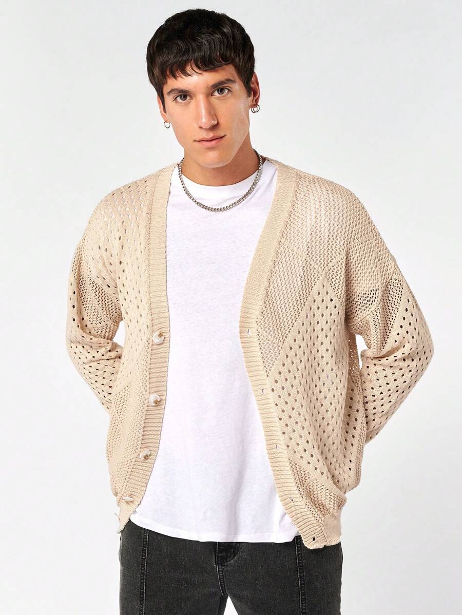 Manfinity RebelGame Áo len cardigan dài tay khoét lỗ cỡ lớn cho nam - Màu Khaki - Xem 1