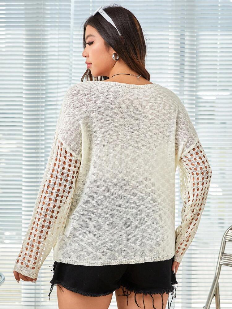 Plus Size Knitted Drop Shoulder Hollow Out Sweater With Patchwork