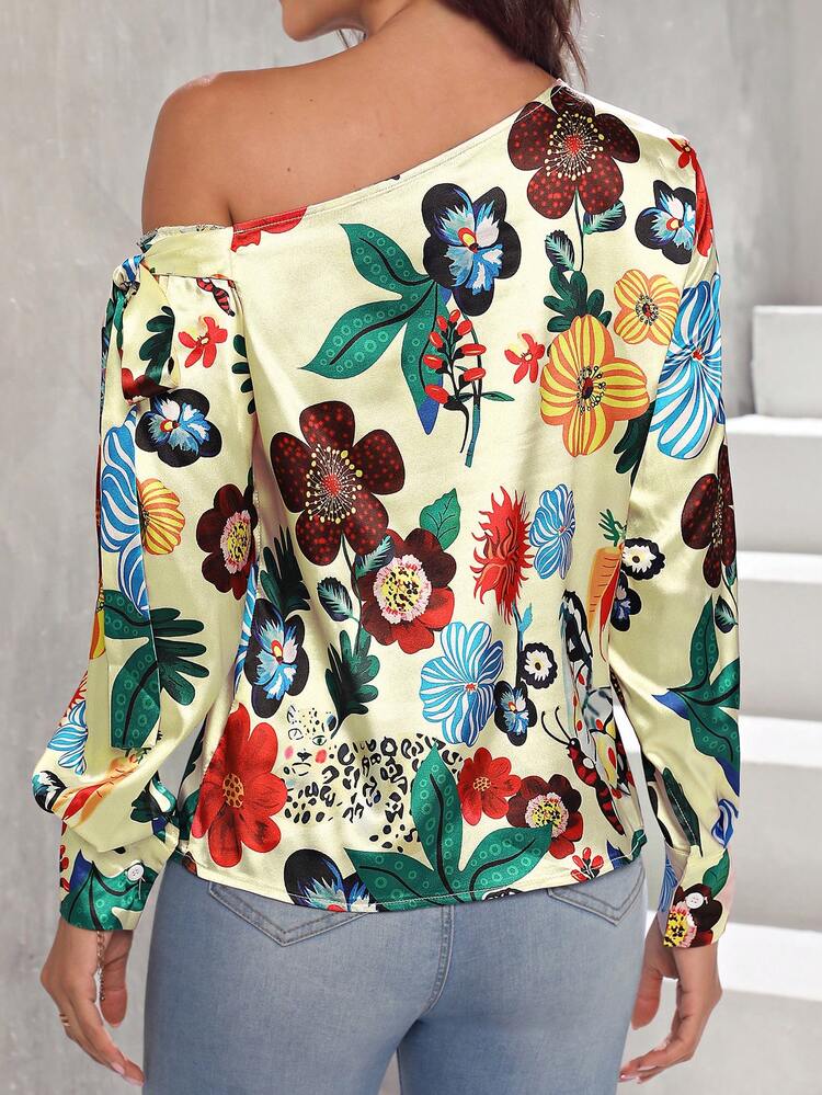 Floral Butterfly Pattern Asymmetrical Collar Shirt