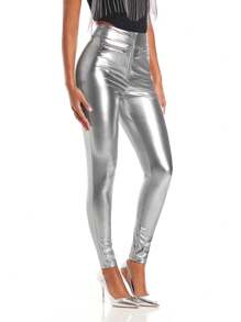 SHEIN BAE 高腰修身長褲 - 銀色 - 查看 6