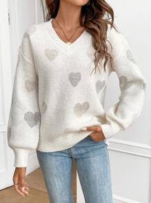 SHEIN Frenchy Của phụ nữ Love Tim In Cổ chữ V Tay áo dài Áo len - Nhiều màu - Xem 3