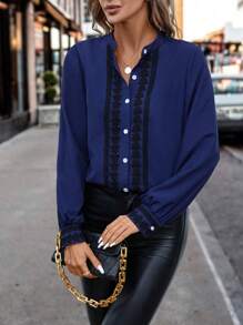 SHEIN Clasi Patchwork Lace Shirt - Navy Blue - View 5