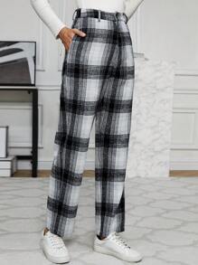 Chiquease Plaid Slant Pocket Straight Leg Suit Pants - Dark Grey - View 4