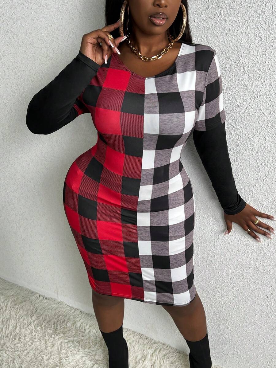 Slaydiva Plus Plaid Print Bodycon Dress - Multicolor - View 1