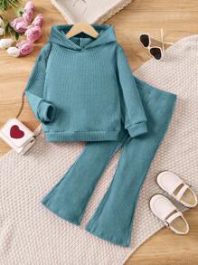 SHEIN 小女孩純色帽裝2件套,適用於秋冬季節 - 藍色 - 查看 1