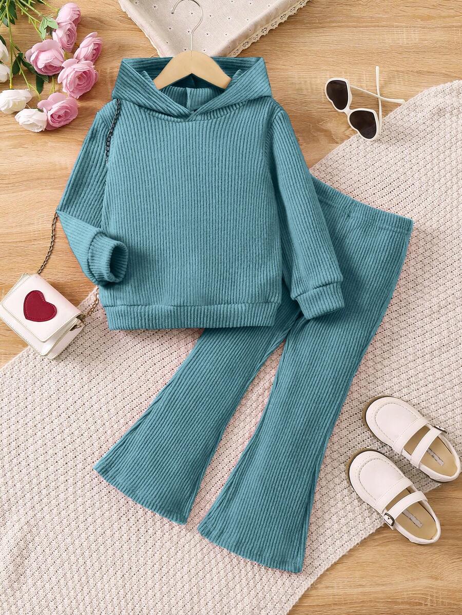 SHEIN 小女孩純色帽裝2件套,適用於秋冬季節 - 藍色 - 查看 1