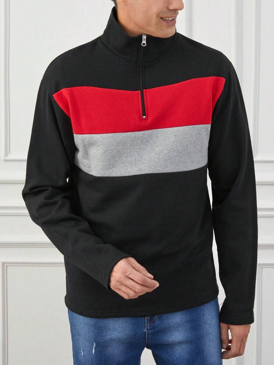 SHEIN Cottnline Men's Half-zipper Pullover Sweatshirt - Multicolor - View 1