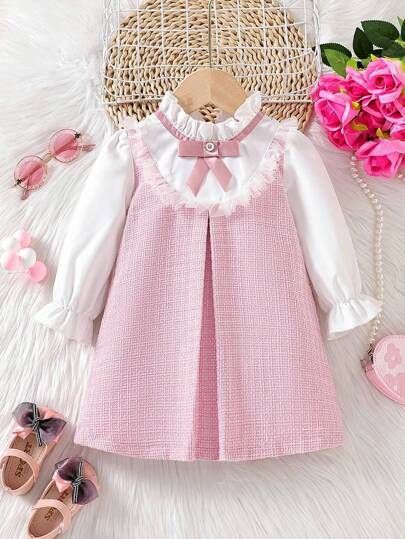 Elladie kids Baby Girls' Elegant Color Block Bowknot Decor Dress