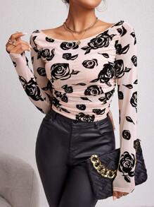 SHEIN Essnce Floral Print Ruched Mesh Top