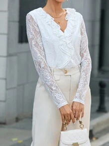 SHEIN Privé Ruffle Trim Contrast Lace Sleeve Blouse