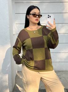 SHEIN Unity Plus Size Grid Pattern Pullover Sweater - Multicolor - View 4