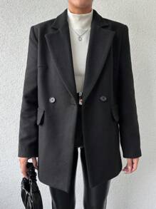 EURMUSE Women's Double-Breasted Overcoat With Lapel Collar - Black - View 1