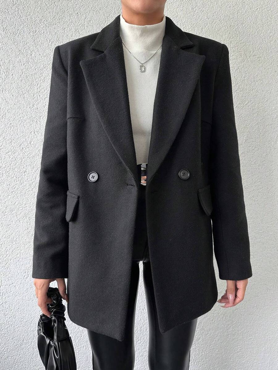 EURMUSE Women's Double-Breasted Overcoat With Lapel Collar - Black - View 1