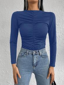 EURMUSE Solid Ruched Bodysuit - Blue - View 6