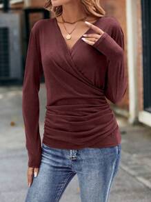 SHEIN LUNE Của phụ nữ Wrapped & Xù Áo thun - Màu Đỏ Sâu - Xem 5