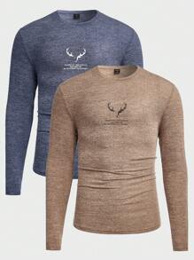 GENTILAND Men 2pcs Antler & Letter Graphic Tee - Multicolor - View 1