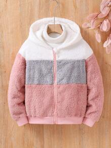 SHEIN Chica preadolescente 1 pieza Cazadora de color combinado con capucha forro polar - Multicolor - Ver 1