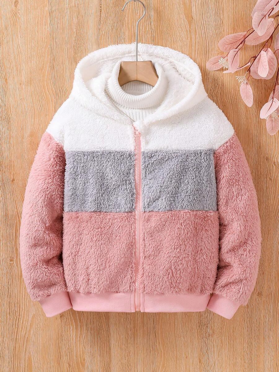 SHEIN Chica preadolescente 1 pieza Cazadora de color combinado con capucha forro polar - Multicolor - Ver 1