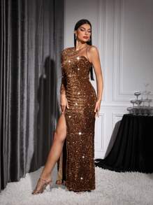 Allurite 紧身连衣裙，采用不对称领口设计，配有闪光细节和侧开衩 - 棕色 - 查看 5