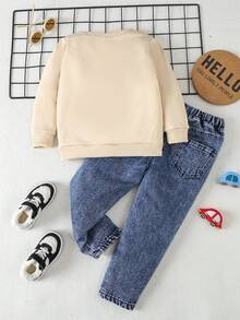SHEIN Young Boy Cartoon Bear Pattern Sweatshirt And Jeans Set - Multicolor - View 2