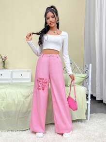 SHEIN EZwear Slogan Graphic Wide Leg Pants