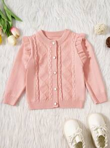 Đứa bé gái Viền Ruffle Xoắn Dan Áo len Mở - Màu Hồng  San hô - Xem 1