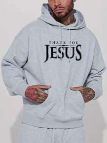 Manfinity Dauomo Men's Gray Hoodie With Jesus Print On Front And Front Pocket - Light Grey - View 1