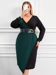 RueChic Plus Two Tone Asymmetrical Hem Dress Without Belt - Multicolor - View 2