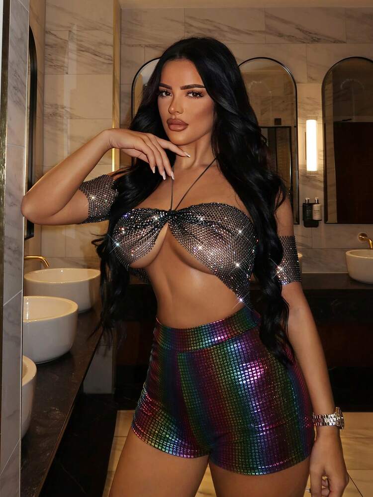 Valentines New Years Top Sexy Club New Years Women Short Sleeves Crop Top With Rhinestone Mesh & Halter Neck