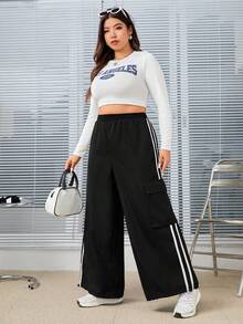 SHEIN EZwear Plus Contrast Tape Side Drawstring Hem Pants - Black - View 5