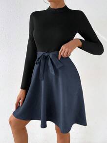 SHEIN Essnce Color Block Stand Collar Long Sleeve Dress - Navy Blue - View 5