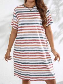 SHEIN LUNE Plus Size Women's Striped T-Shirt Dress For Summer - Multicolor - View 3