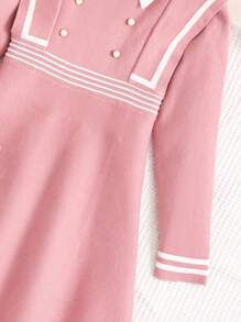 SHEIN Cô gái Tween Sọc trang trí Chi tiết Nút Cổ áo tương phản A-line Đầm Áo len - Hồng - Xem 5