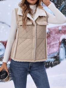 SHEIN LUNE Women's Quilted Stitching Thermal Lined Padded Coat Clothes Winter - Khaki - View 6