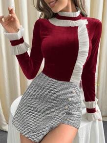 SHEIN Privé 女性絲絨T恤帶荷葉邊下擺 - 紅色 - 查看 6