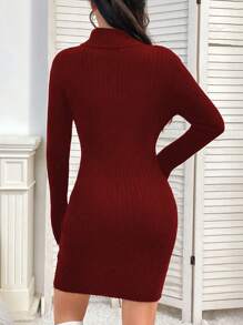 SHEIN Unity High Collar Bodycon Sweater Dress - Red - View 2