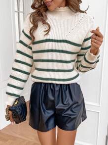 SHEIN Frenchy 加褶邊的條紋毛衣 - 綠色 - 查看 5